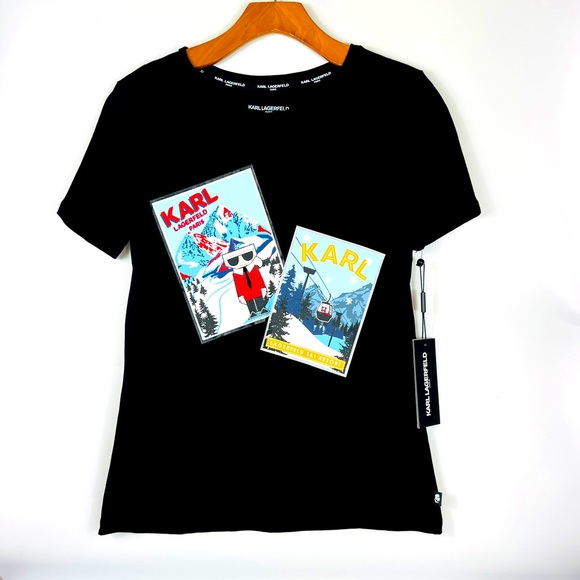 Karl Lagerfeld Ski Postcard Graphic Tee Black XS NWT - Picture 5 of 11